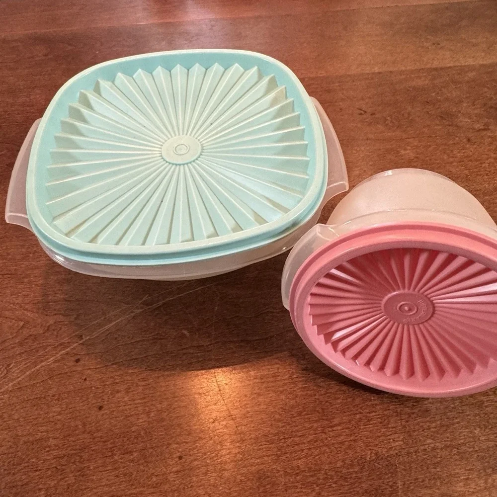 Set of 2 Tupperware Servalier Nesting Bowls Clear with Pastel Lids Nesting Bowel